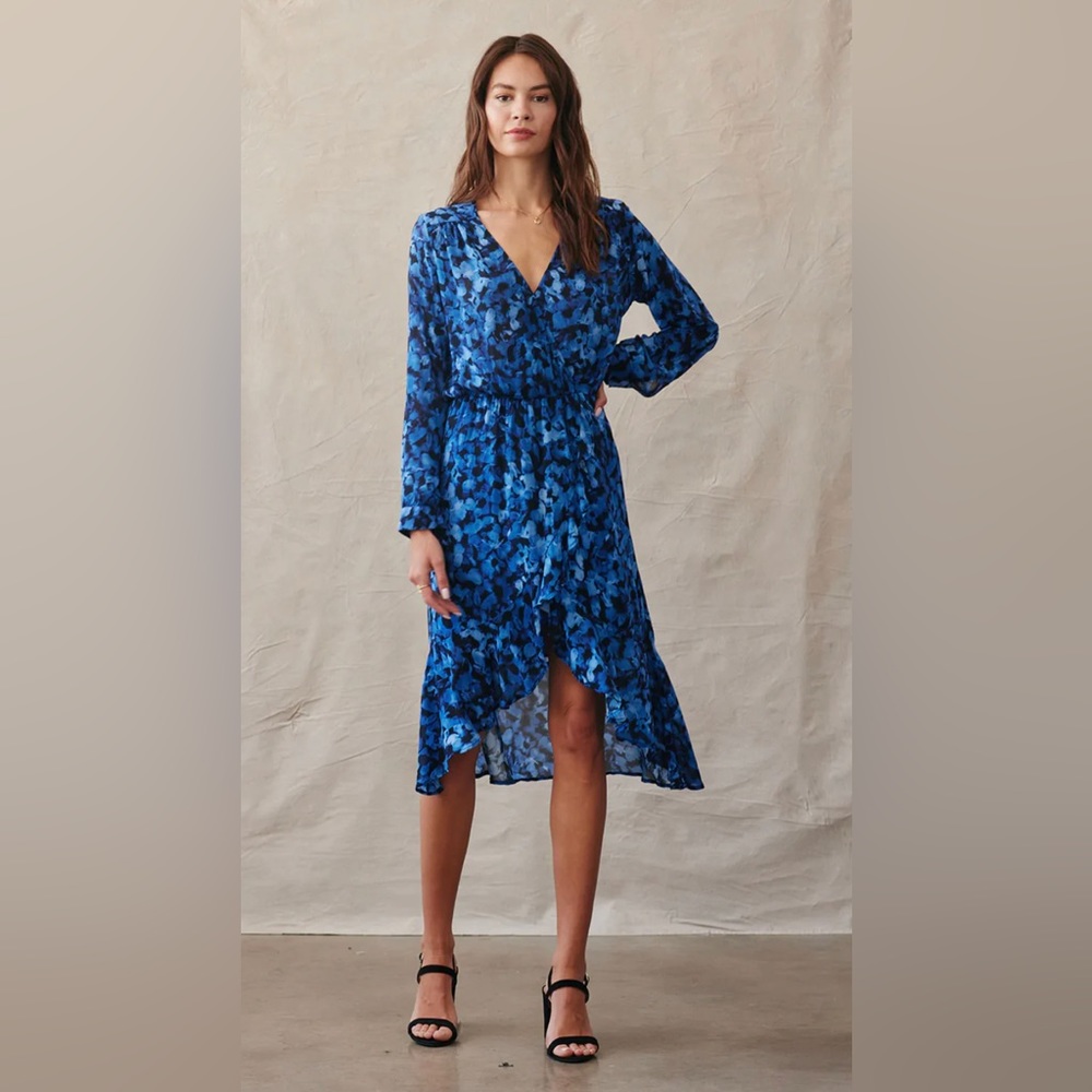 Bella Dahl Ruffled V-Neck Midi Dress in Cobalt Floral Print - Worn Once!